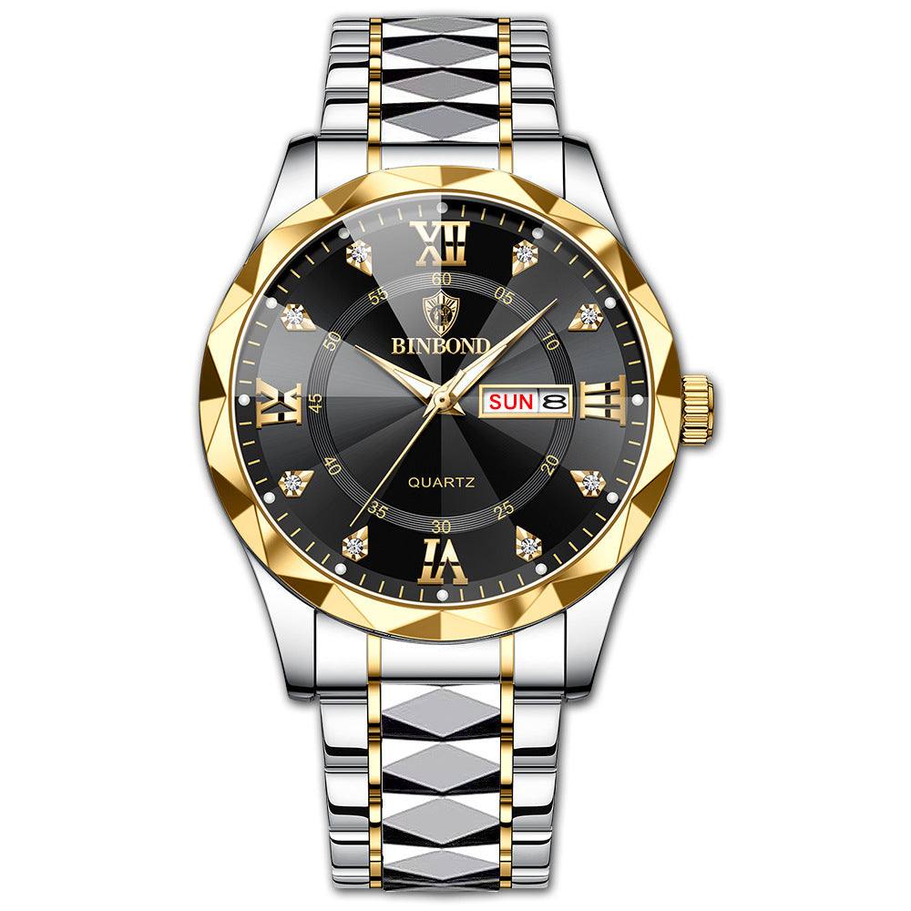 Waterproof luminous dual calendar men's watch with gold and silver stainless steel band and black dial