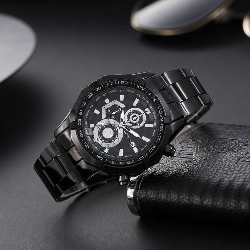 Black stainless steel quartz watch with chronograph and tachymeter on dark background