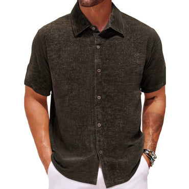 Men's casual short sleeve shirt with square collar in gold velvet fabric