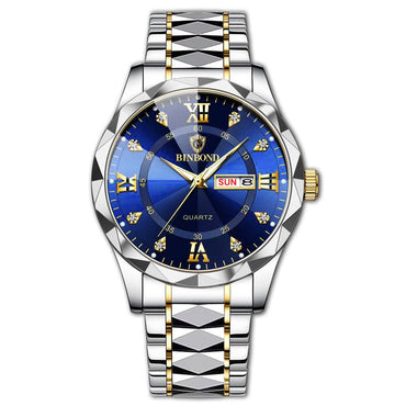 Waterproof luminous men's dual calendar watch with blue dial and silver gold-tone metal strap