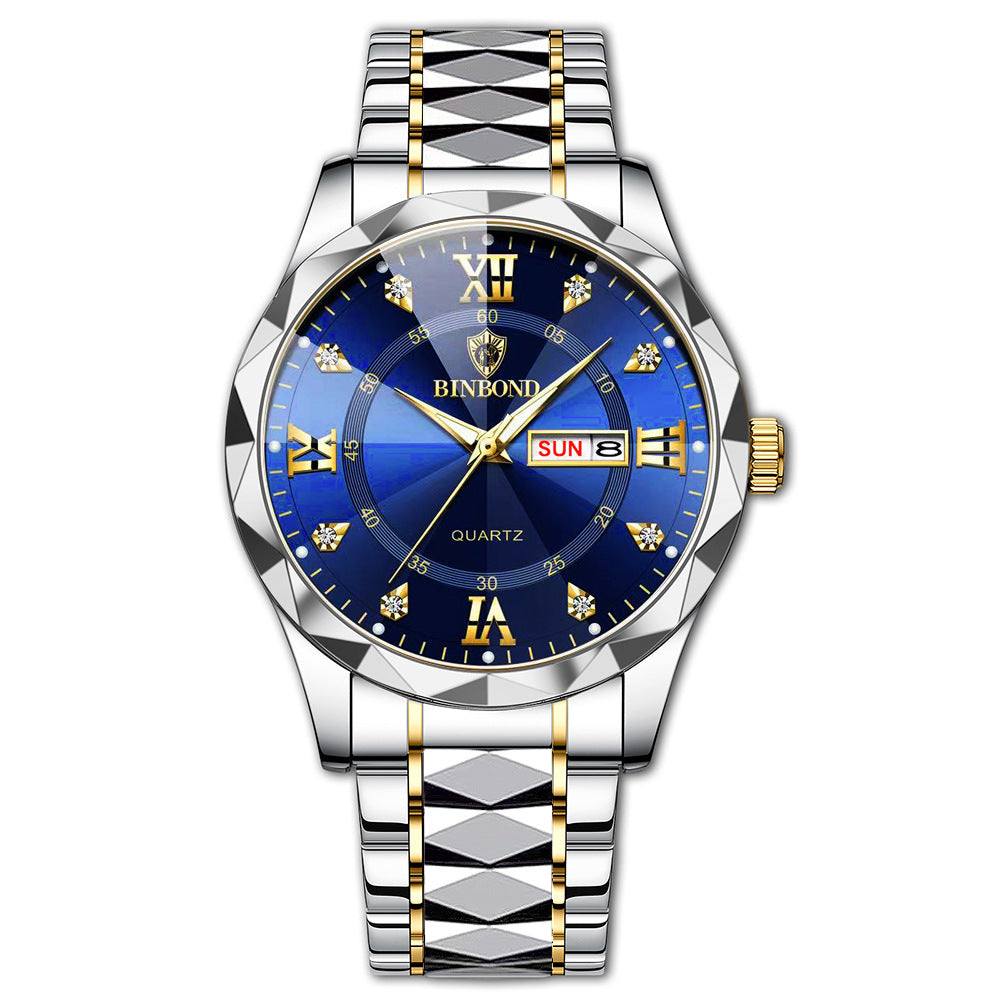 Waterproof luminous men's dual calendar watch with blue dial and silver gold-tone metal strap