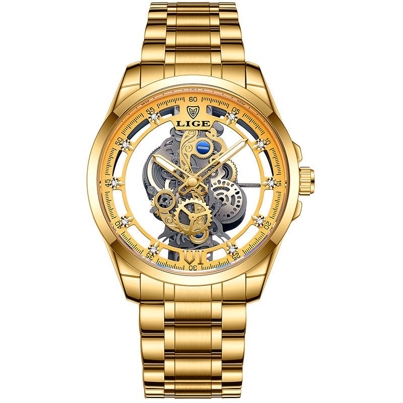 Gold Poedagar watch with visible mechanical gears and durable metal band for stylish and reliable wear.