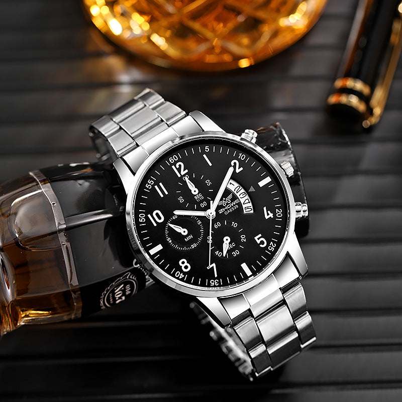 Men's multifunctional quartz watch with stainless steel band and black dial featuring stopwatch and date display