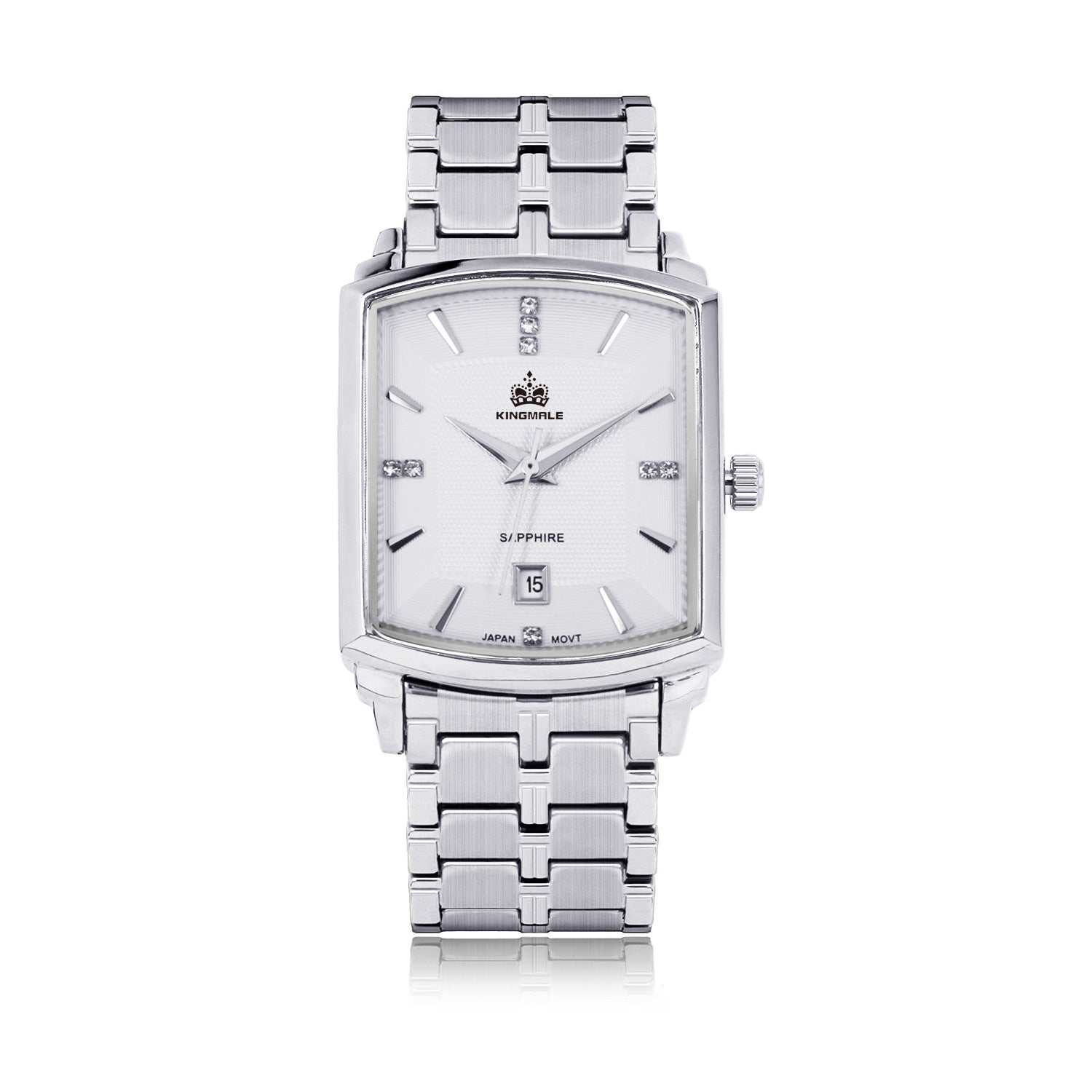 Men's square waterproof quartz watch with silver metal band and white dial