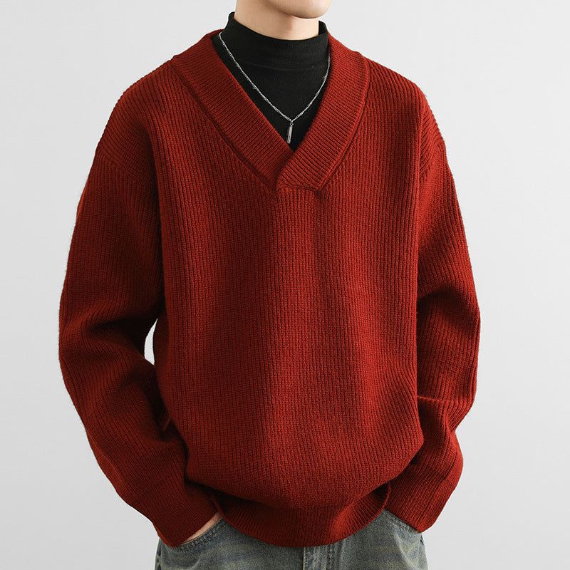 Men's V-neck fashion loose fit coarse yarn knitted sweater in wine red color