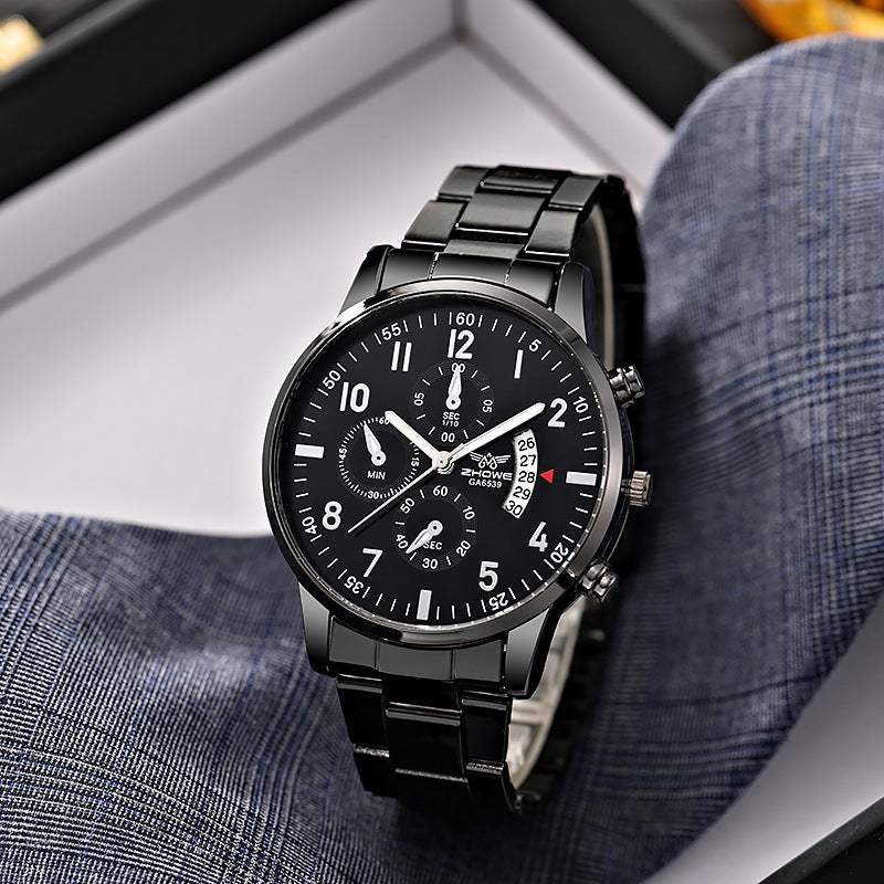 Black men's multifunctional quartz watch with stopwatch, date display, luminous hands, and metal band, suitable for casual and formal wear