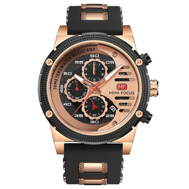 Men's multifunctional waterproof quartz sports watch with luminous dial and black rubber strap