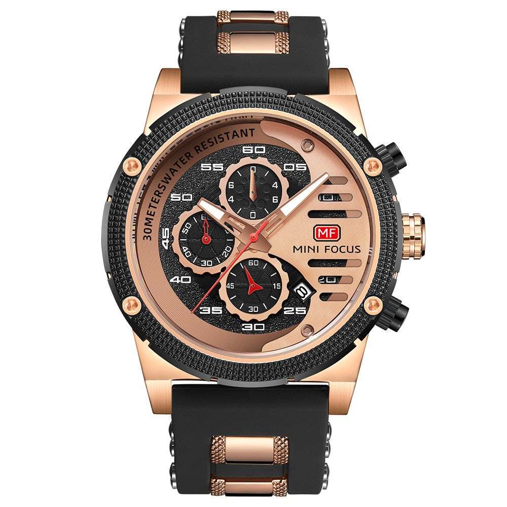 Men's multifunctional waterproof quartz sports watch with luminous dial and black rubber strap