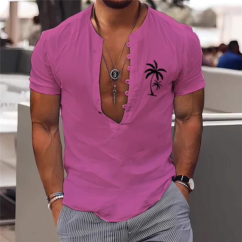 Men's summer short sleeve shirt with 3D digital printing and palm tree design