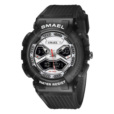 Black men's double display digital electronic watch with durable strap and water resistance