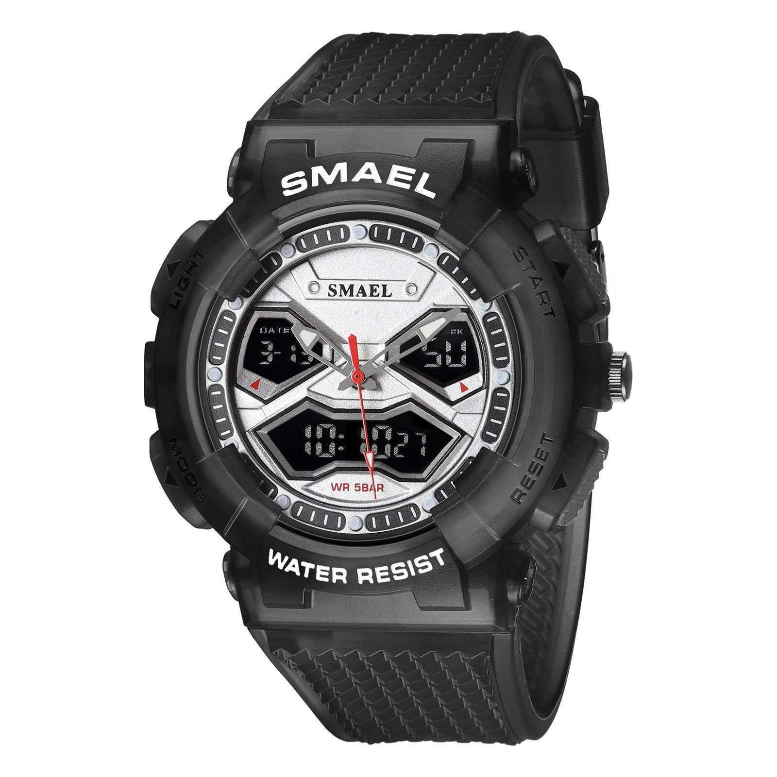 Black men's double display digital electronic watch with durable strap and water resistance