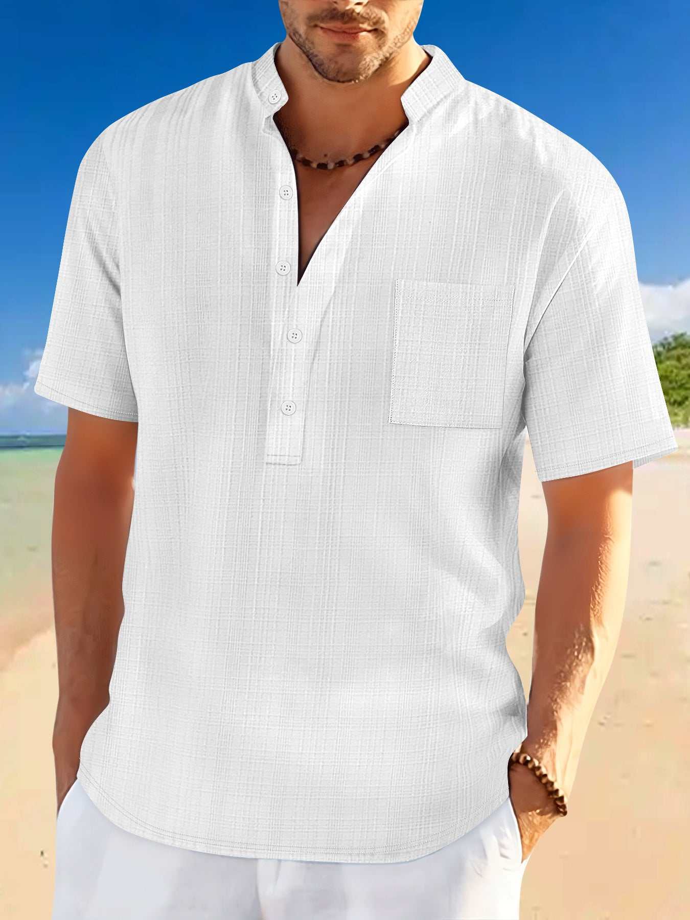 White casual stand collar Henley shirt with short sleeves for summer leisure wear