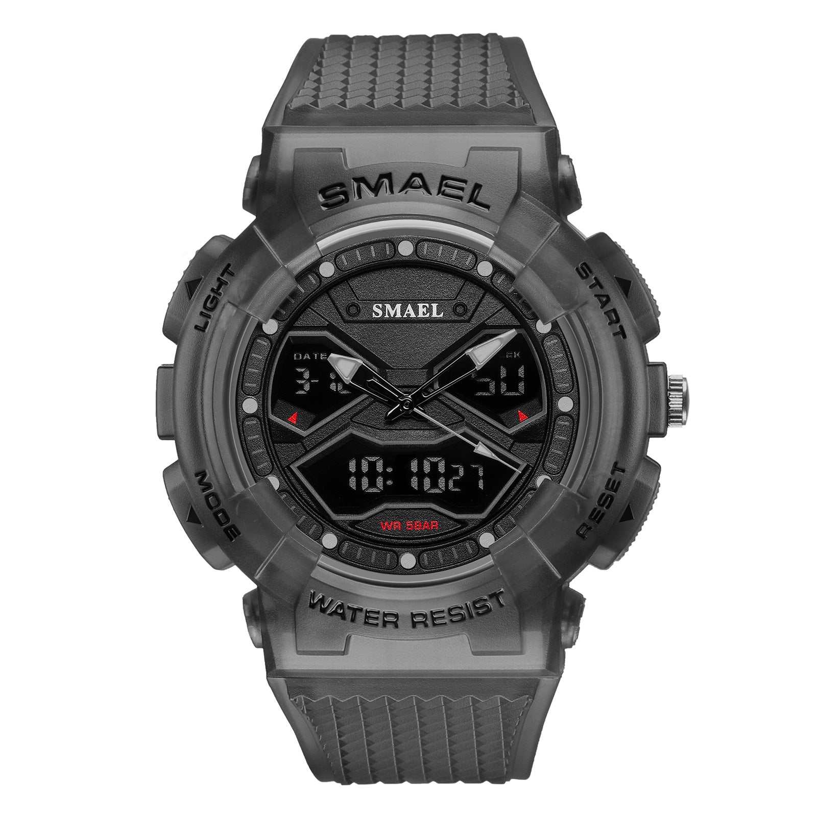 Double display digital electronic men's watch with black rugged design and dual time features