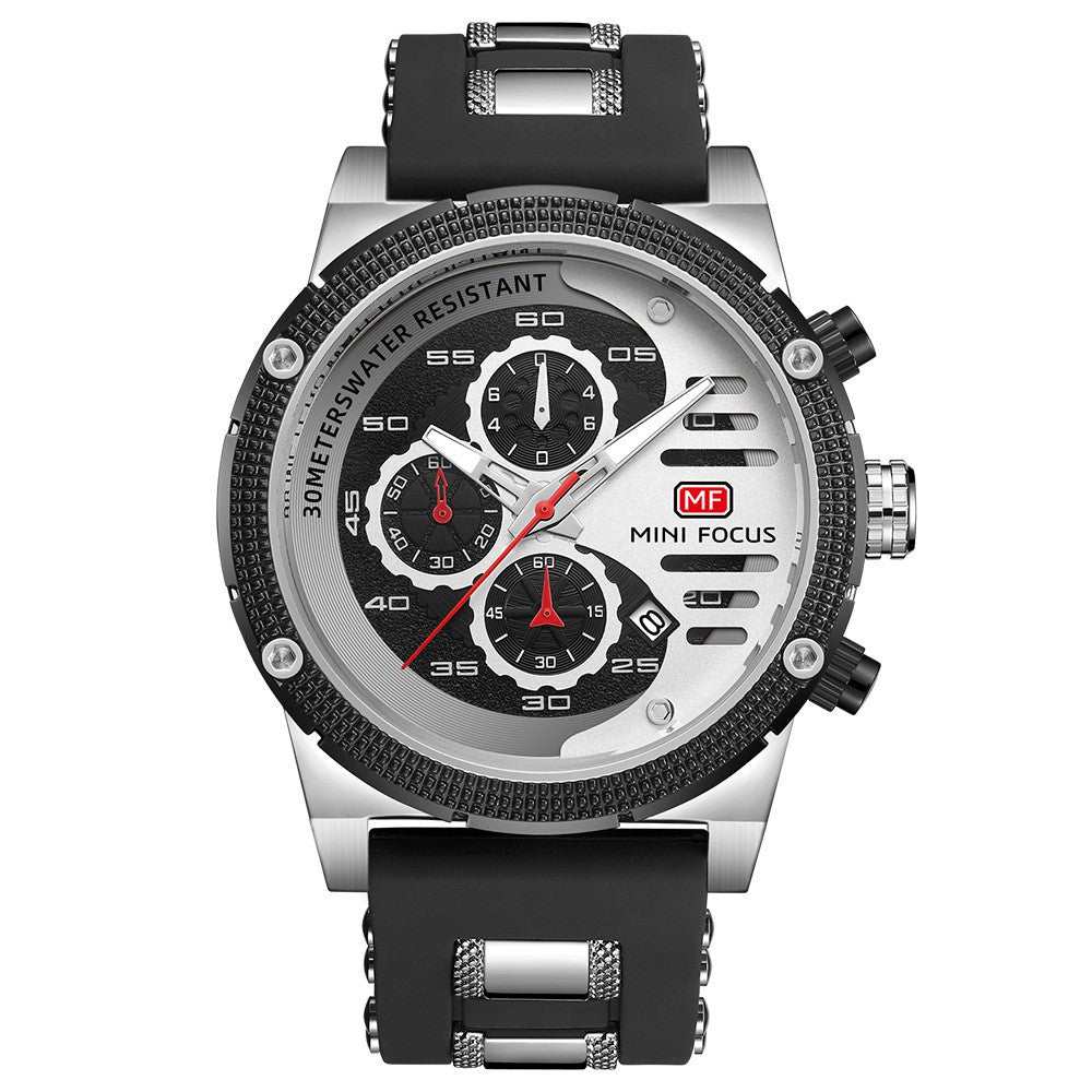 Men's waterproof quartz sports watch with multifunctional stopwatch, luminous dial, and durable black strap