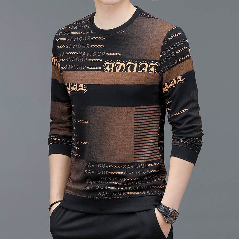 Men's long sleeve sweater with abstract brown and black pattern, slim fit, lightweight and breathable for spring and autumn wear