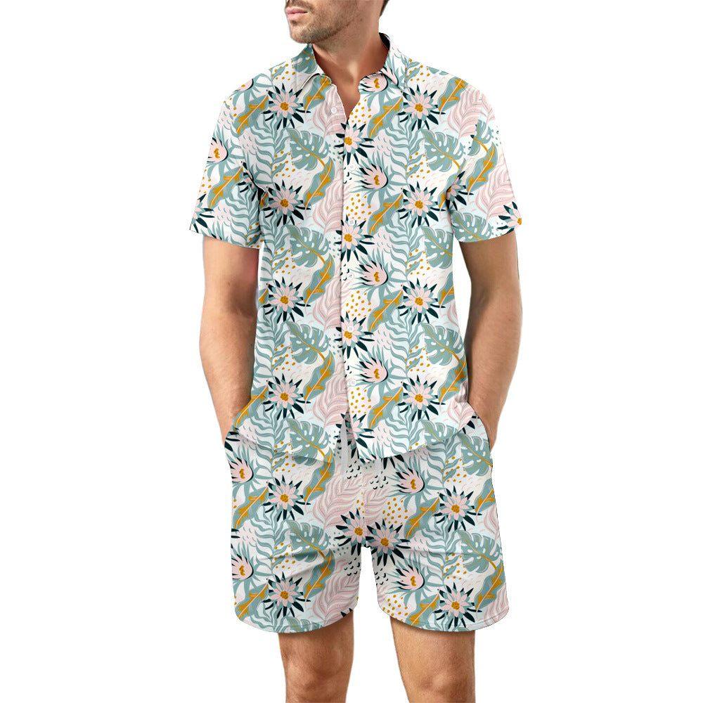 2Pcs Printed Beach Shirt Summer Suit Loose Lapel Button Top And DrawstProduct information:Material:Polyester+CottonSize Information:  Packing list:Top*1Short*1 Product Image:Printed Beach ShirtZenvyMarket