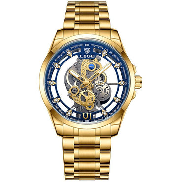 Gold mechanical Poedagar watch with blue and transparent dial and metal strap