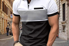 Men's casual striped shirt with chest pocket, black and white color block design, short sleeves and polo collar, cotton blend fabric.