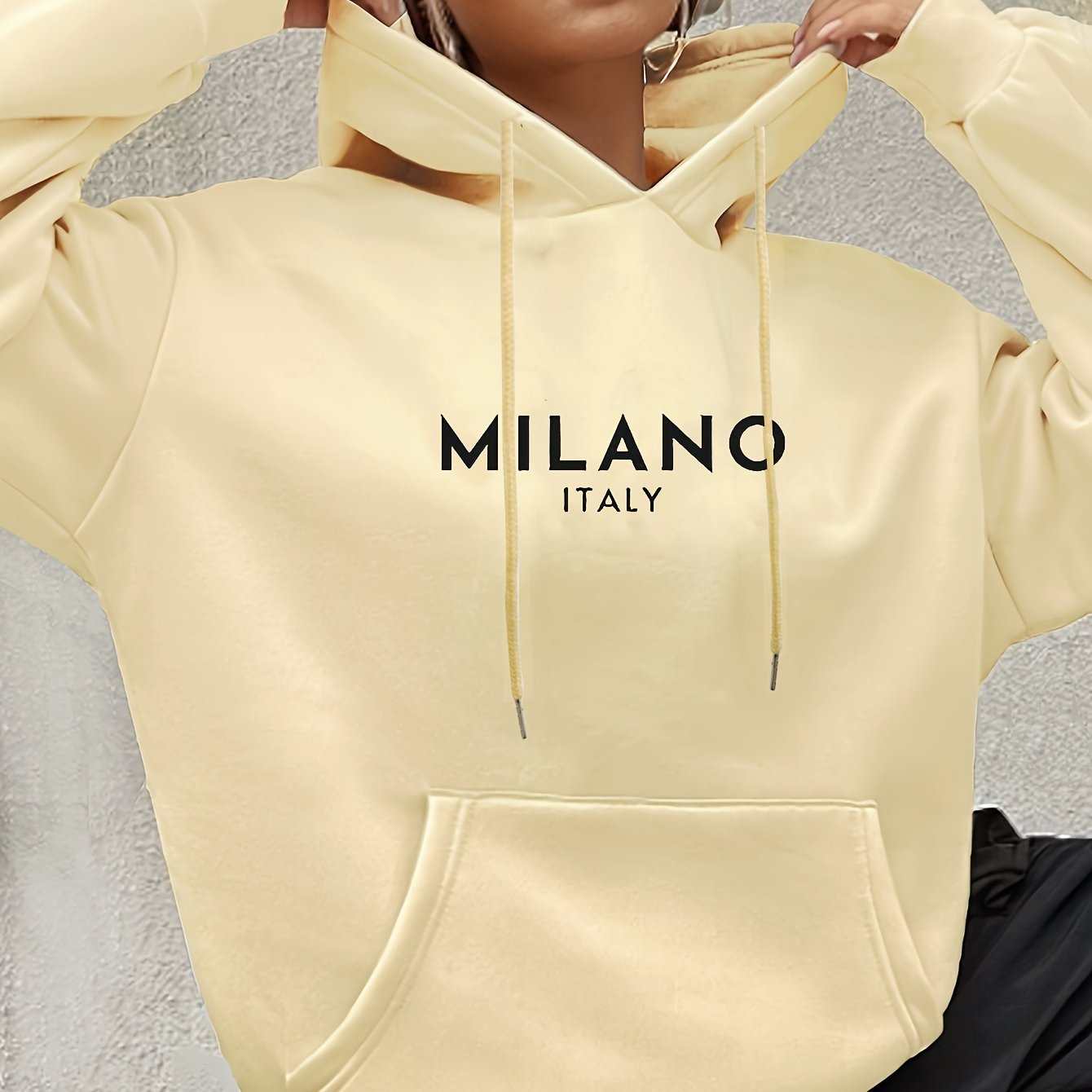 Casual long sleeved yellow hoodie with kangaroo pocket and Milano Italy print