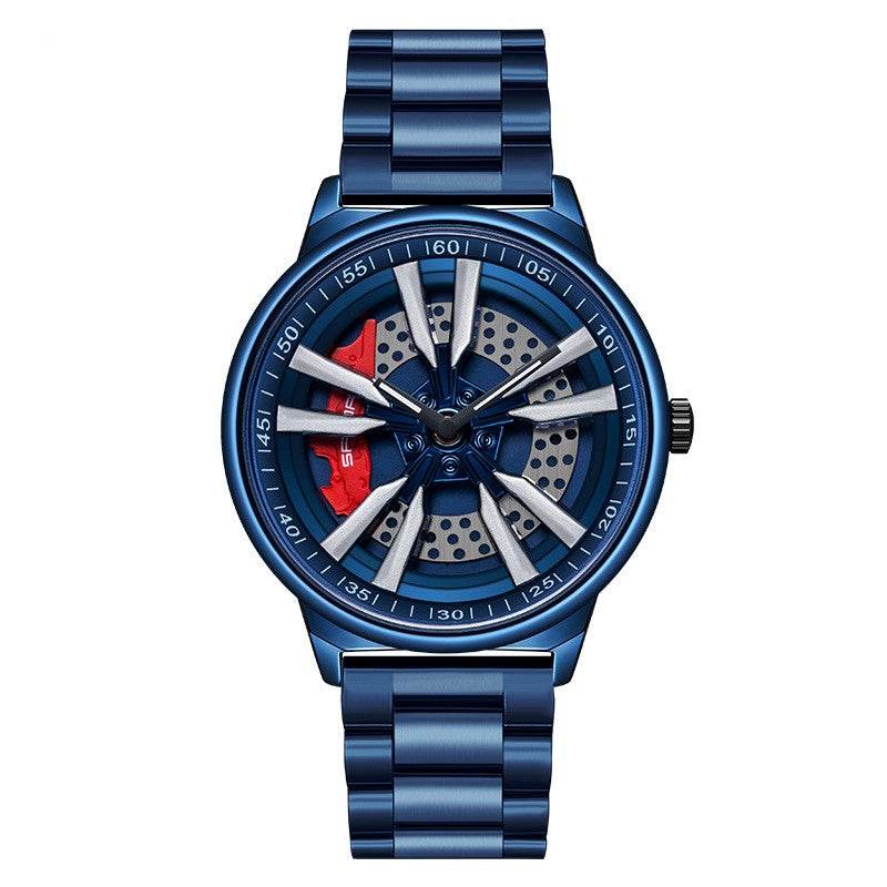 Blue Mens Creative Cool Dial rotating wheel quartz watch with stylish metal band