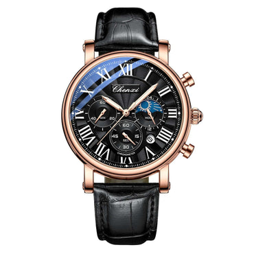 Men's multifunctional waterproof watch with alloy case, black leather strap, and Roman numeral dial