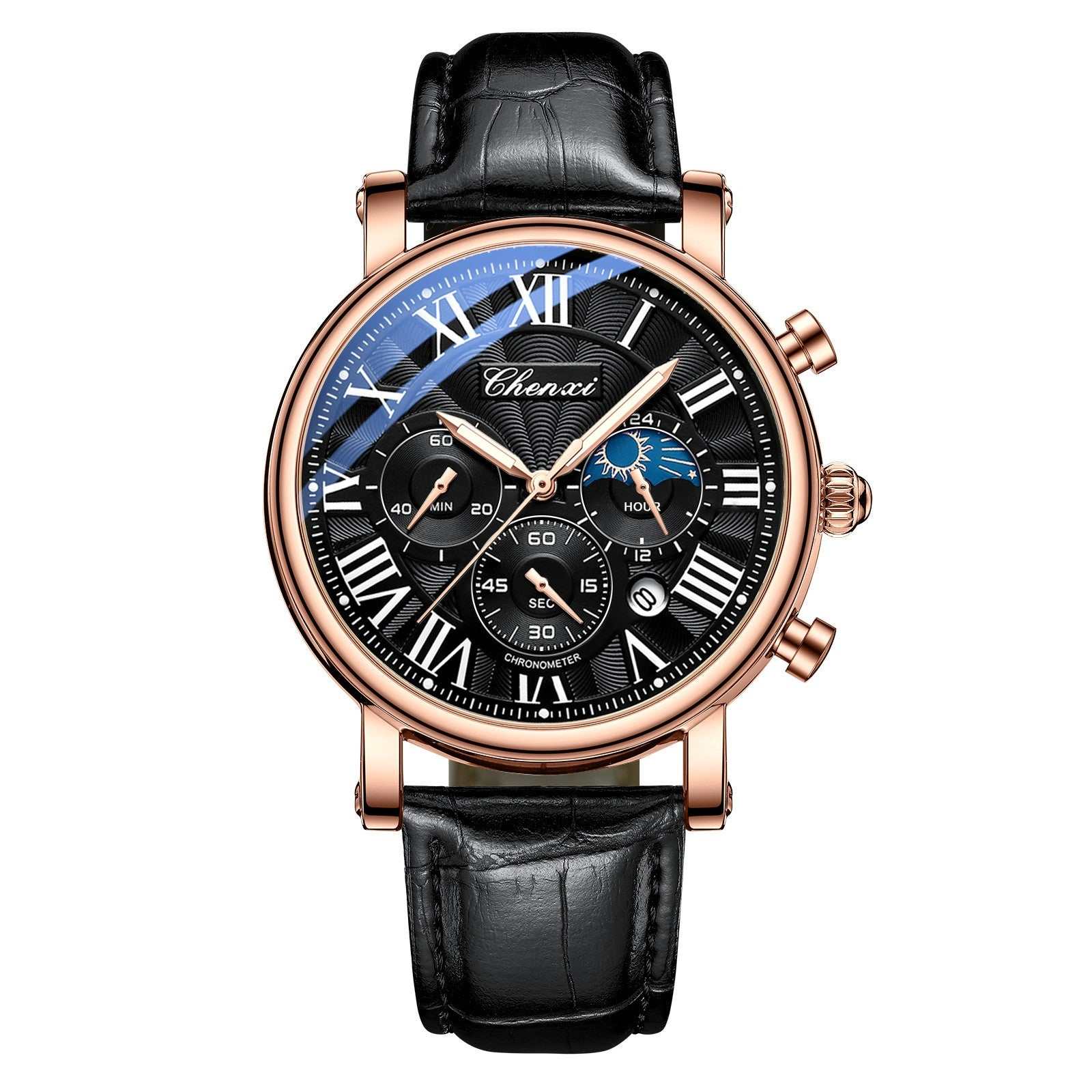 Men's multifunctional waterproof watch with alloy case, black leather strap, and Roman numeral dial