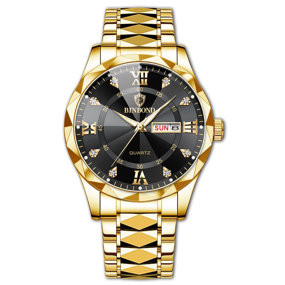 Waterproof luminous dual calendar gold men's wristwatch with black dial and Roman numeral markers