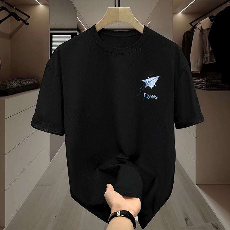 Black Ice Silk short sleeve men's pullover T-shirt with paper plane print and "Flying" text