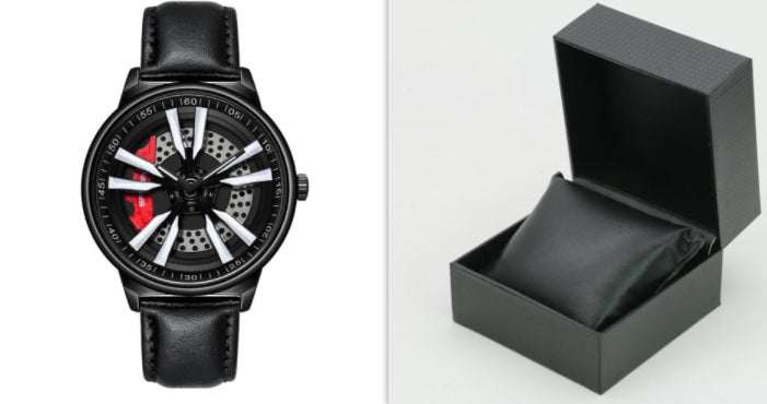 Mens Creative Cool Dial rotating wheel quartz watch with black leather strap and unique dial design alongside black watch box
