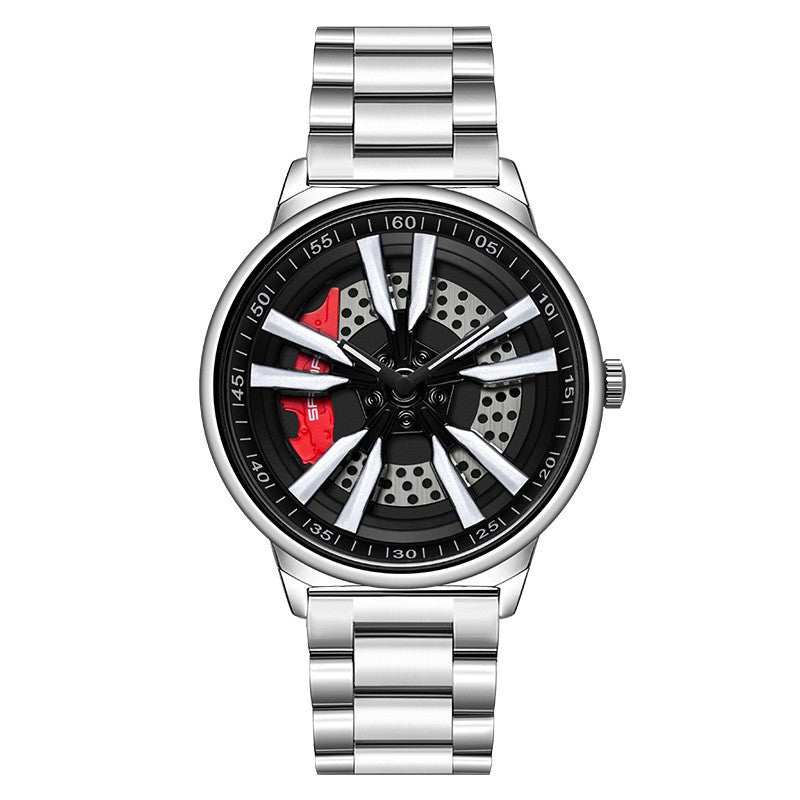 Mens Creative Cool Dial rotating wheel quartz watch with silver metal band and black unique dial design