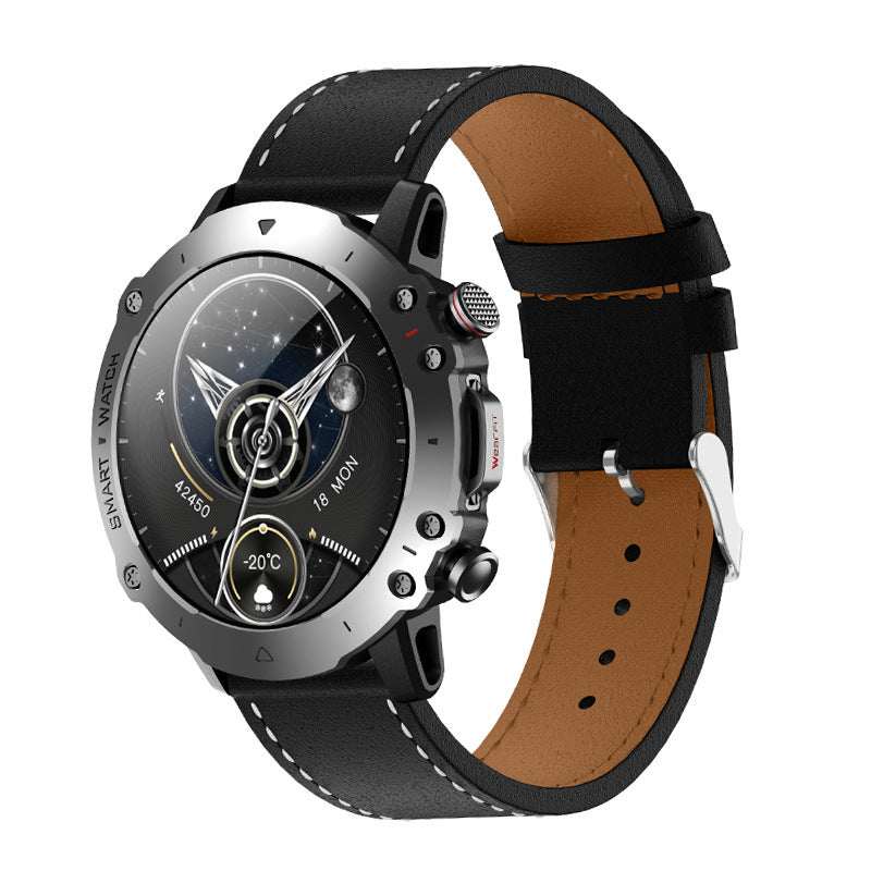 Bluetooth Calling Smart Watch with voice assistant, health monitor, black leather strap, and round touch display