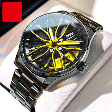 Fashion men's hollowed-out luminous waterproof quartz watch with stainless steel band and visible mechanical dial