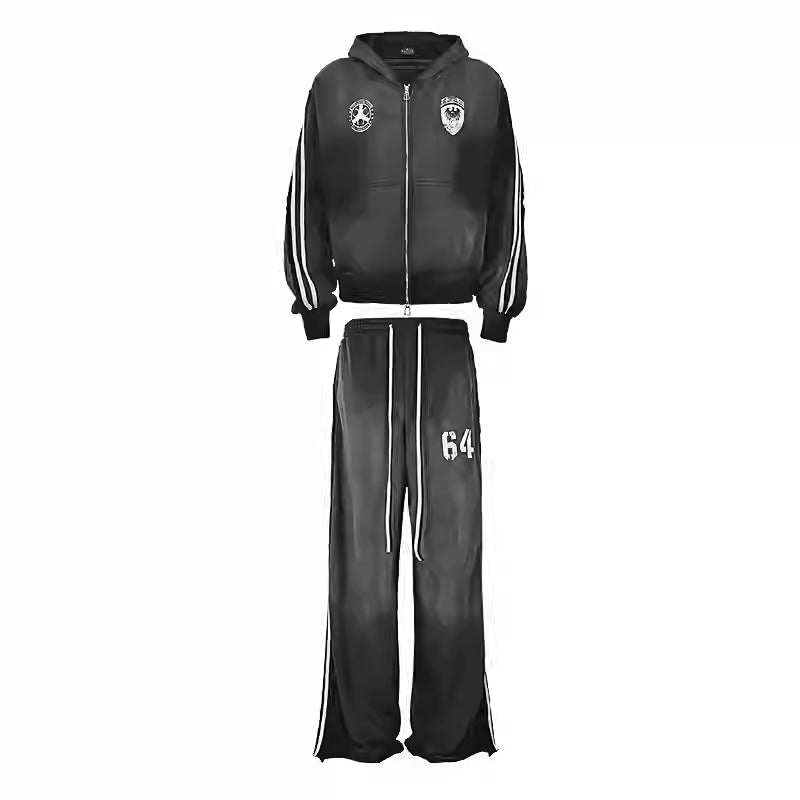 Essentials Hoodie black printed striped wash zip-up hoodie and matching pants with vintage style and relaxed fit