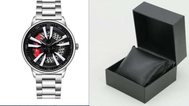 Mens Creative Cool Dial rotating wheel quartz watch with stainless steel band and black dial, displayed with black cushioned gift box