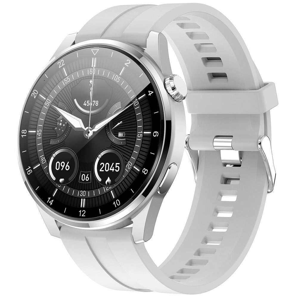 Silver NFC offline payment smartwatch with non-invasive blood glucose monitoring and white silicone strap