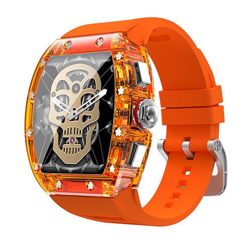 Fashion YD5 Smart Mechanical Watch with orange strap and skull design multifunction dial