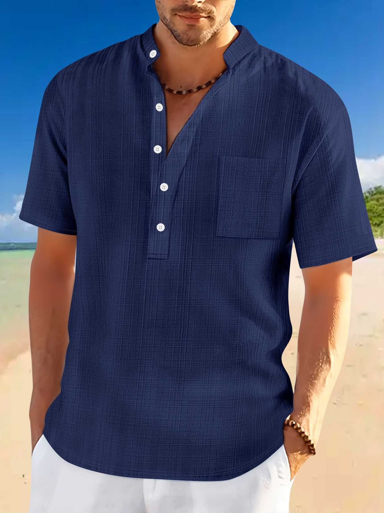 Men's casual stand collar Henley shirt in navy blue with short sleeves and front buttons for summer leisurewear